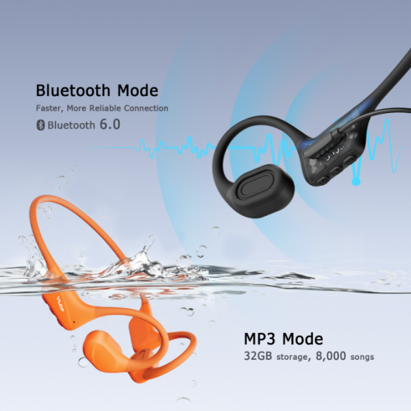 VLOP Bone Conduction Swimming Headphones - IP68 Waterproof, Open-Ear MP3 Headphones with 32GB Memory, Bluetooth 6.0 Wireless Sport Headset for Running & Cycling, 8H Playtime Black