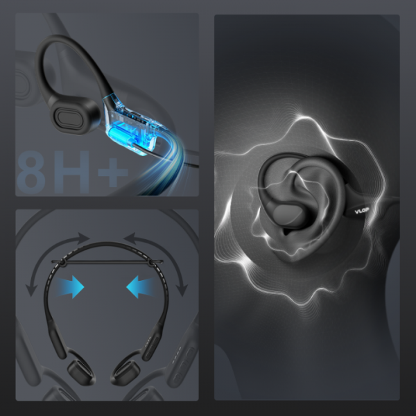 VLOP Bone Conduction Swimming Headphones - IP68 Waterproof, Open-Ear MP3 Headphones with 32GB Memory, Bluetooth 6.0 Wireless Sport Headset for Running & Cycling, 8H Playtime Black